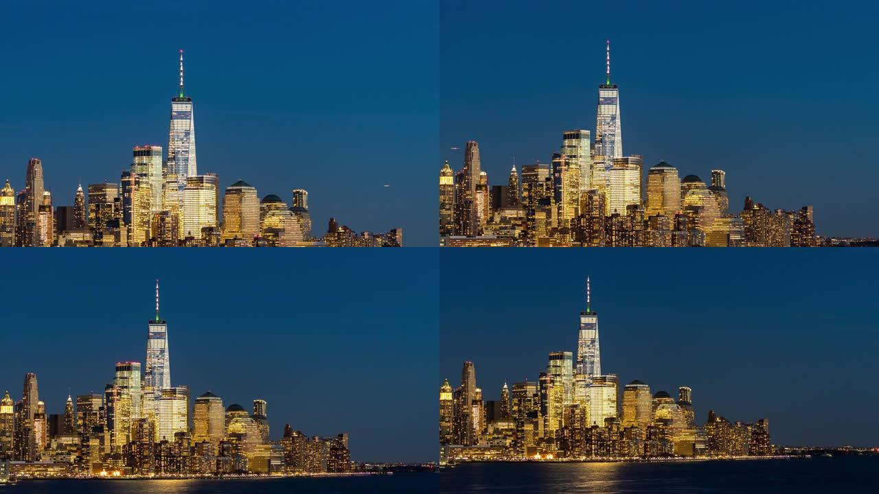 延时: 鸟瞰图曼哈顿下城与哈德逊河，纽约市黄昏日落