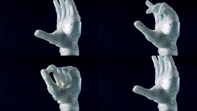 现代手部假肢工作，特写。未来机器人概念。