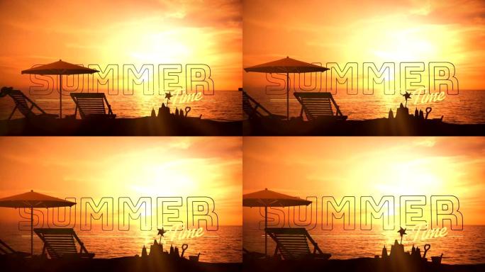 日落时海滩背景上的 “夏日时光”。