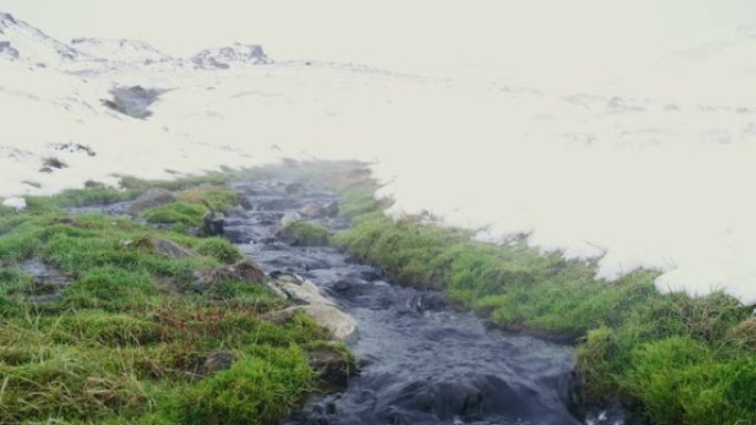 MS温泉流经冰岛的雪域景观
