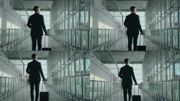 一位穿着西装的年轻优雅商人的慢动作正带着行李箱在国际机场里散步，窗外有阳光。
