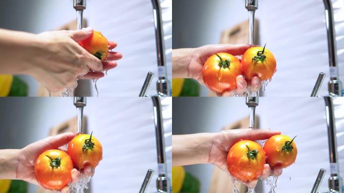 吃蔬菜的胖女人西红柿冲洗西红柿洗菜