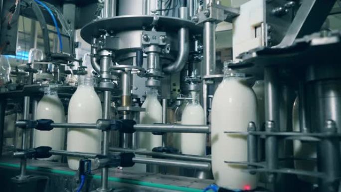 工厂机器正在用牛奶运输瓶子