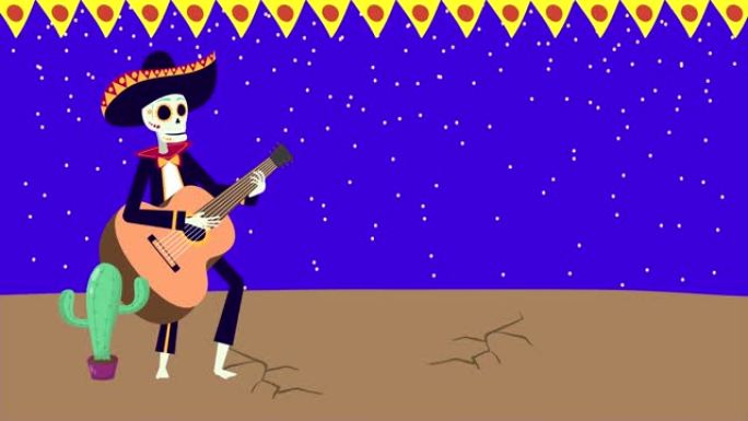 viva墨西哥动画与骷髅流浪乐队弹吉他