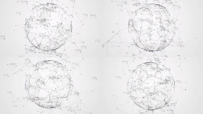抽象网格球体在具有多个连接和流动信息的数字空间中旋转。美丽的循环3d动画。技术概念。