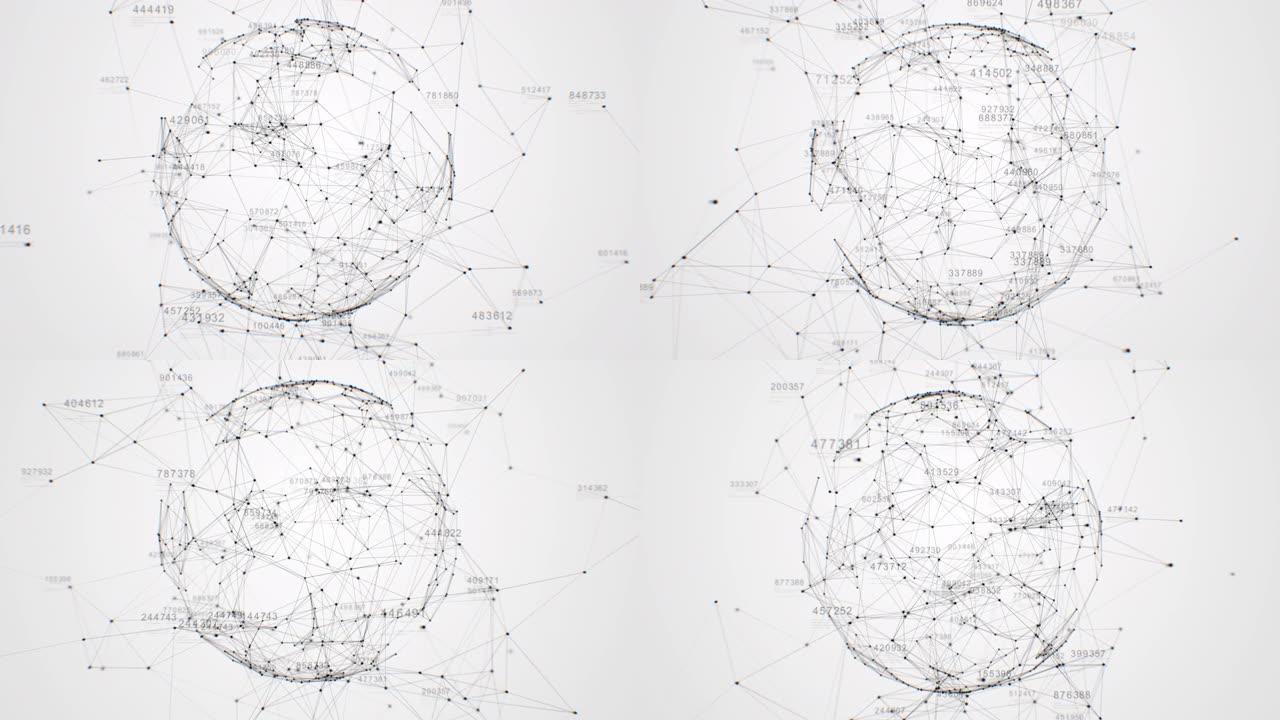 抽象网格球体在具有多个连接和流动信息的数字空间中旋转。美丽的循环3d动画。技术概念。