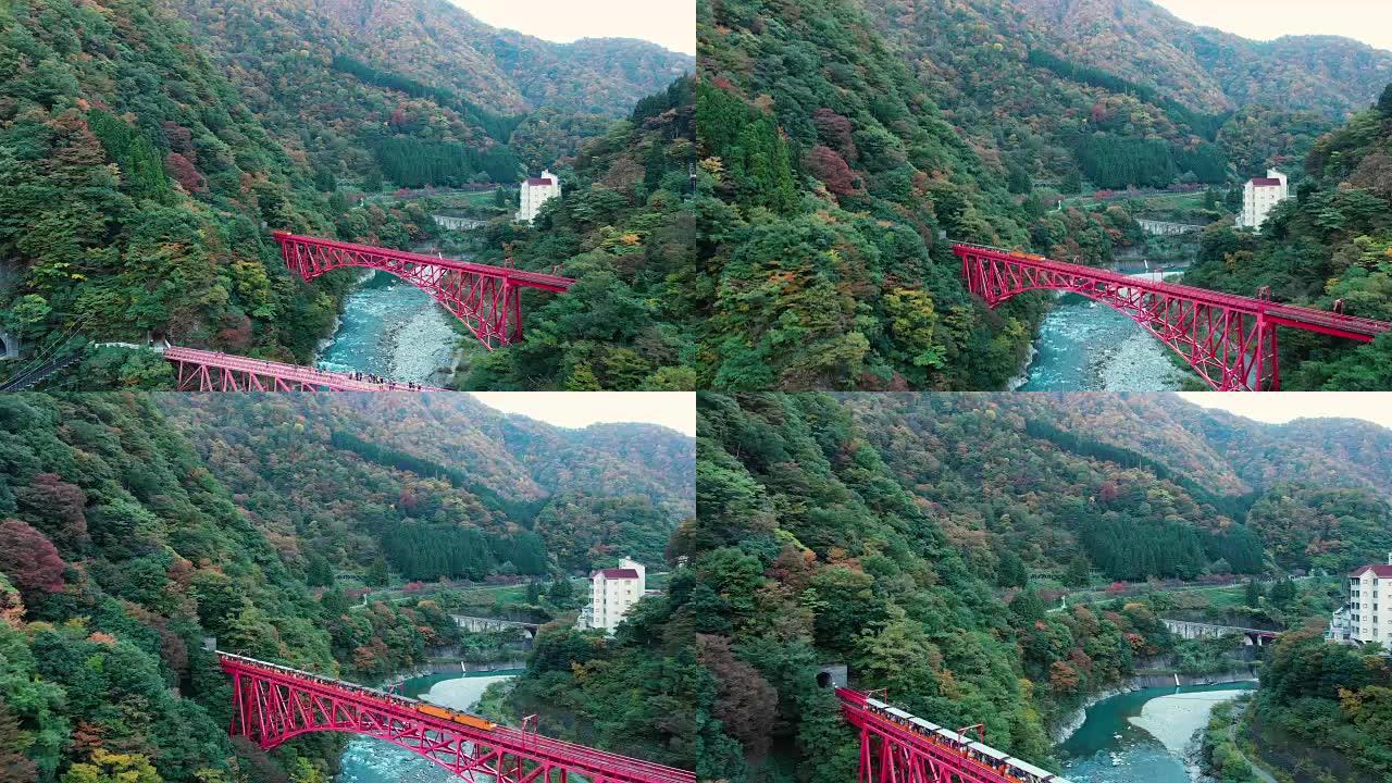 日本富山秋时黑部峡谷铁路鸟瞰图。