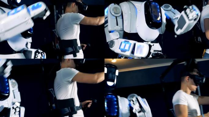 半机械人在虚拟现实耳机中的一个年轻人之后重复动作