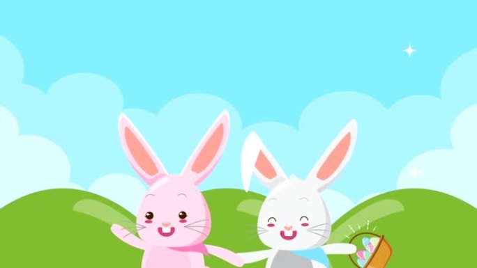 快乐复活节动画卡片与兔子夫妇在野外