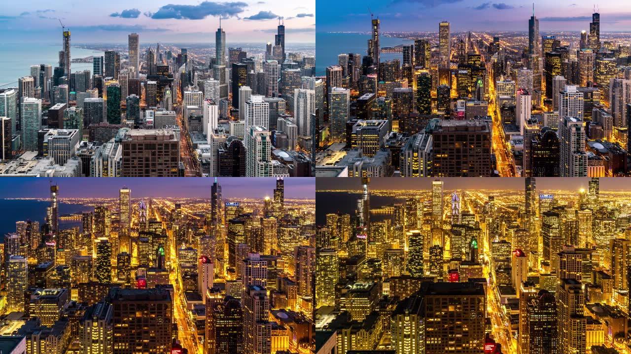 夜间延时: 美国伊利诺伊州壮丽英里附近芝加哥河市中心的芝加哥天际线建筑