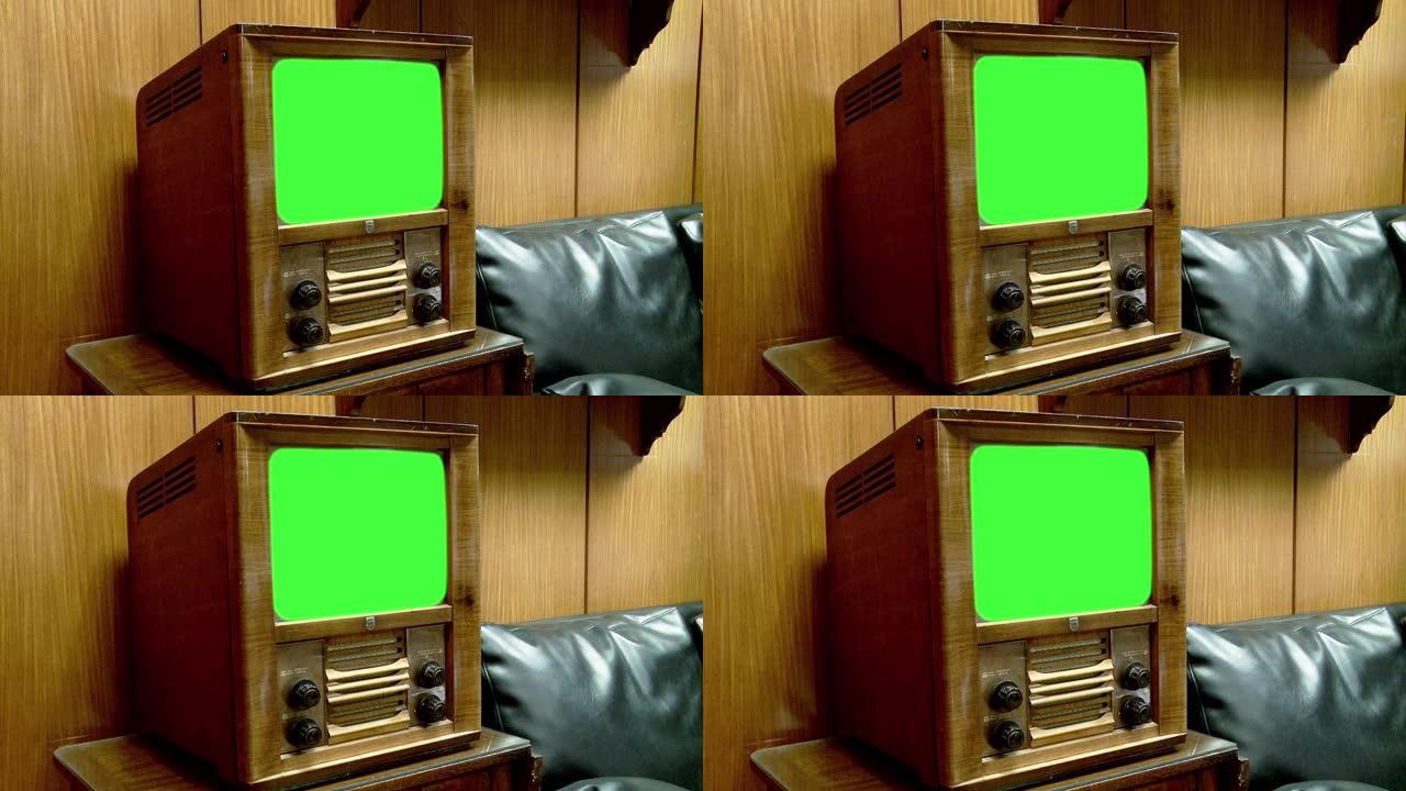 带绿屏的50年代旧电视。棕褐色色调。放大。