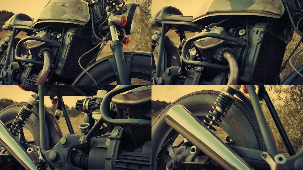 定制摩托车。老式机器周围的相机