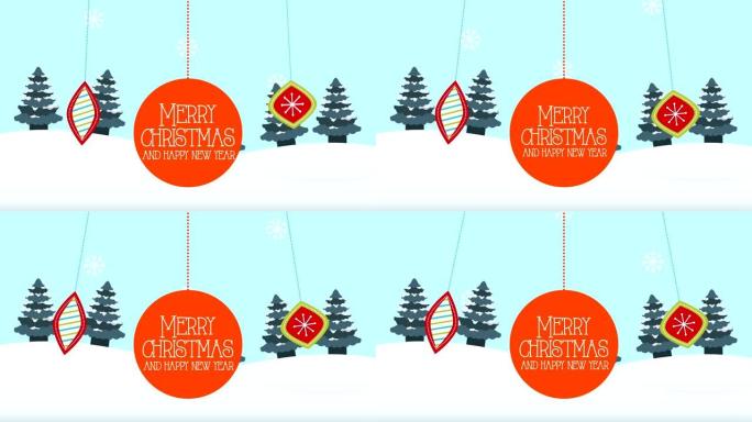 圣诞快乐动画与松树在雪景