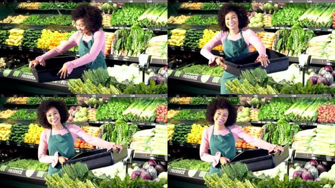 在超市工作的年轻非裔美国妇女
