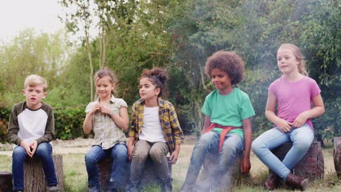 一群参加户外活动露营旅行的儿童一起坐在篝火旁