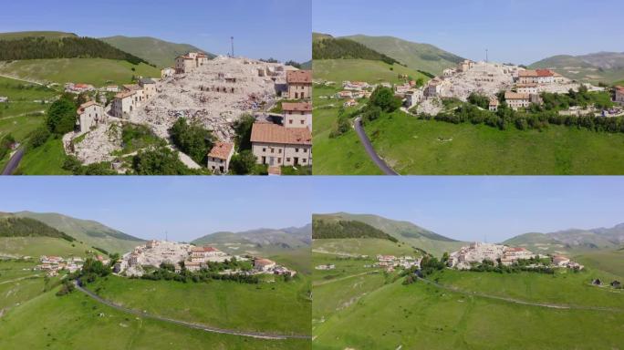 WS鸟瞰图地震瓦砾和房屋在sunny hill，Castelluccio，翁布里亚，意大利