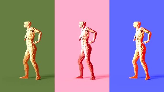 4k。由金色3D像素组成的跳舞女孩。