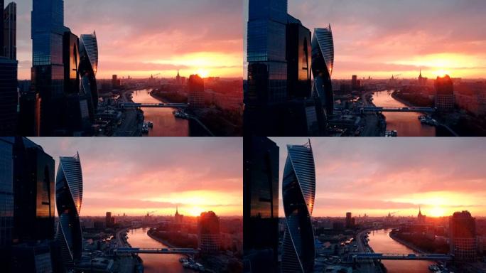 摩天大楼在日落时的天际。俄罗斯，莫斯科市