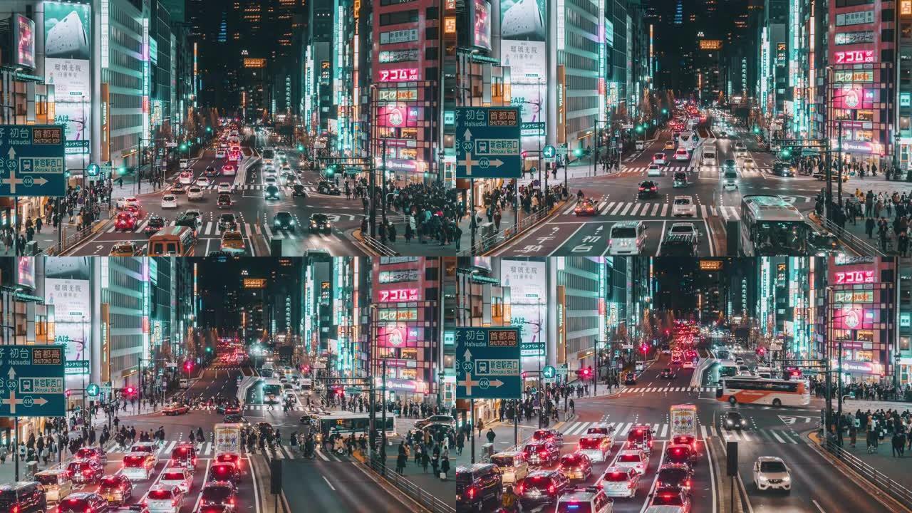人群的时间流逝-在日本新宿东京市的汽车交通中穿越街道