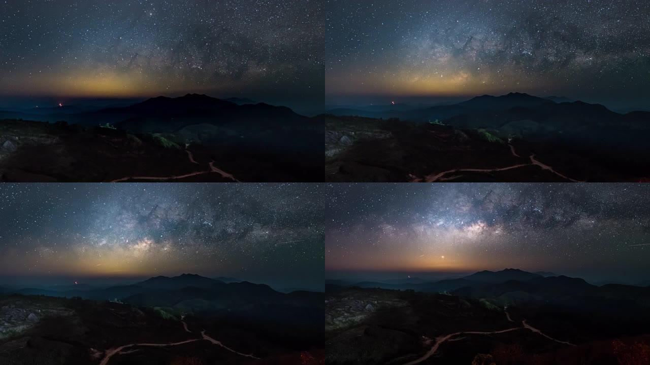 4k分辨率时间流逝日夜银河与山脉景观在泰国