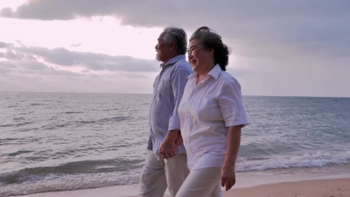 高级夫妇在沙滩上散步，高级夫妇在阳光明媚的日子在海边放松。高级假期，假期