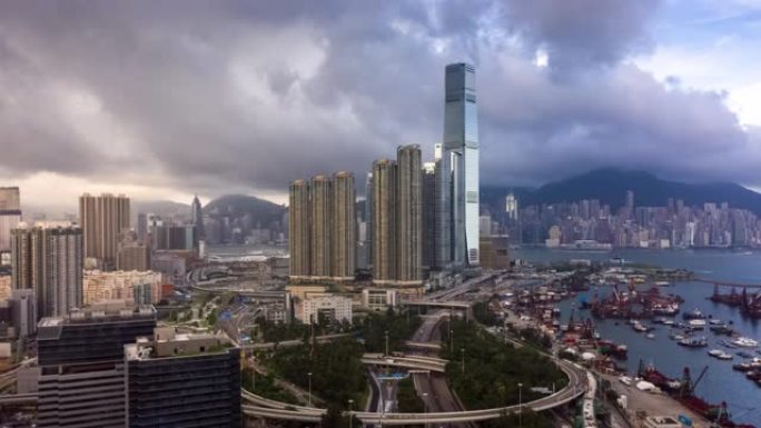 城市天际线和香港摩天大楼的过度