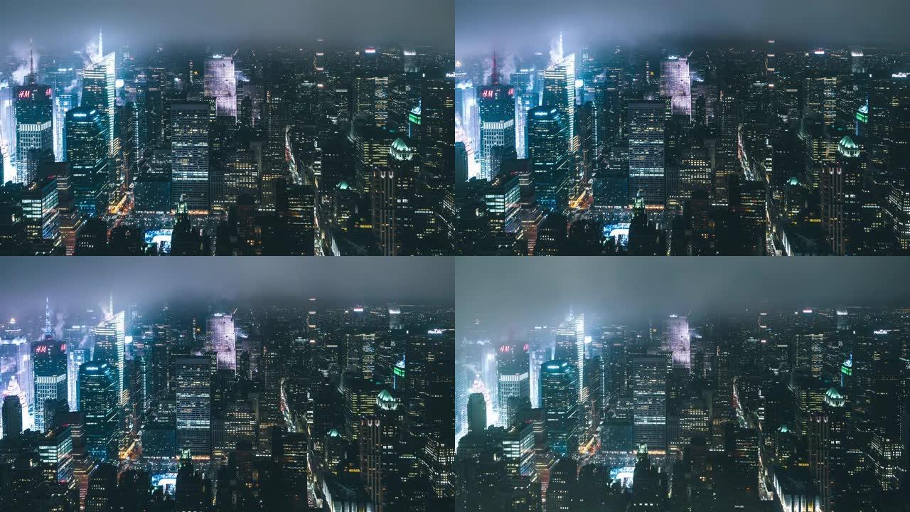 夜间雾气流动的曼哈顿中城的T/L ZO鸟瞰图/纽约