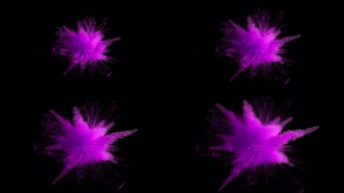 黑色背景上孤立的紫色粉末爆炸的超慢动作。超慢动作3d渲染