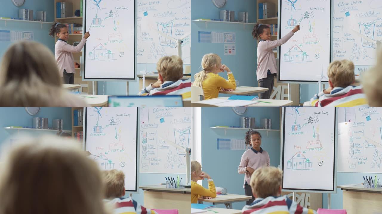 小学科学课: 可爱的女孩使用交互式数字白板向充满同学的教室展示可再生能源是如何工作的。科学课，好奇的