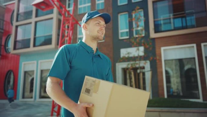 英俊的送货员拿着纸箱包装走过现代时尚的商业区。快递员在将邮政包裹交付给客户的途中。低角度慢动作