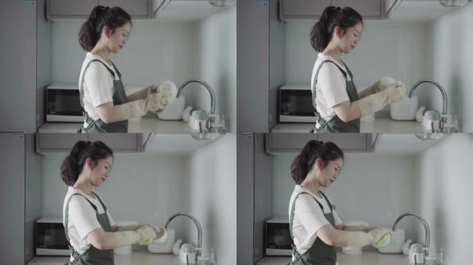 亚洲女性厨房洗碗女人洗碗贤惠女人主妇厨房