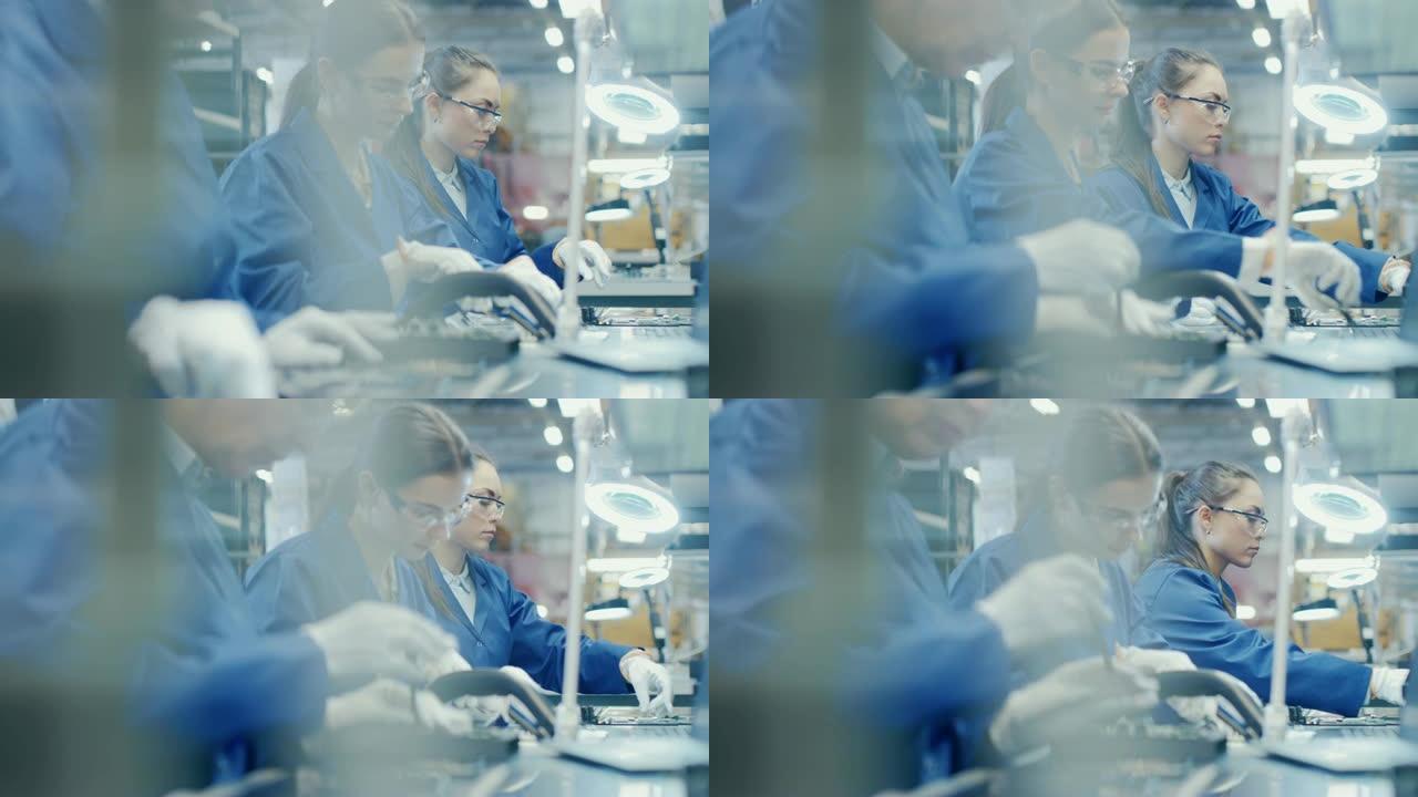 穿着蓝色工作服和防护眼镜的女电子工厂工人，用镊子组装智能手机。拥有多名员工的高科技工厂设施。