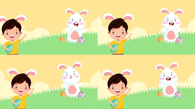快乐复活节动画卡与小男孩和兔子