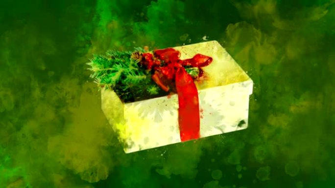 彩色斑点背面的水彩圣诞装饰金盒。
