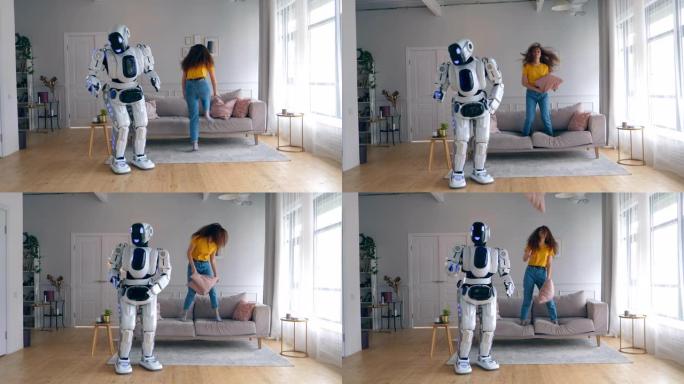 欢快的女孩跳上沙发，机器人跳舞。机器人、半机械人与人类概念。