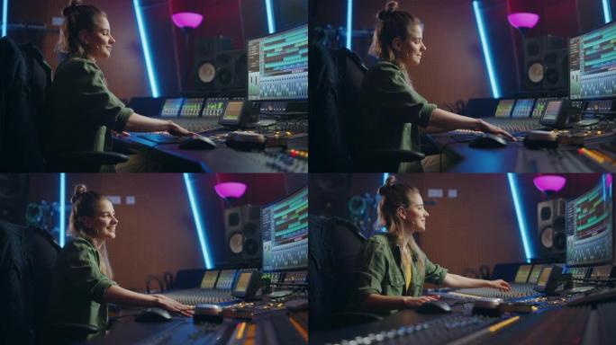 在音乐录音室工作的美丽，时尚的女性音频工程师和制作人，使用混音板和软件来创作酷歌。创意女孩艺术家音乐