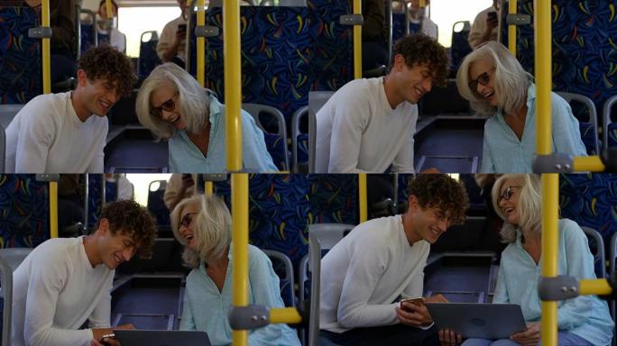 乘坐4k公交车时使用笔记本电脑的通勤者