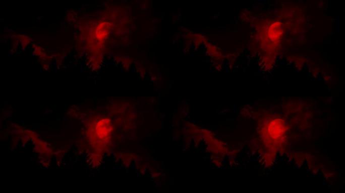 血红色的月亮从树林中的云层后面出来