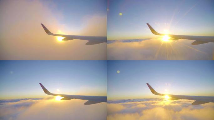 早上的旅行航班。起飞后飞机机翼飞过云层