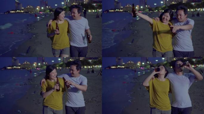 4k镜头亚洲夫妇在海边散步和欢呼的场景