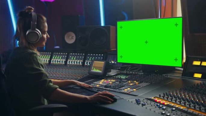 在音乐唱片工作室工作的时尚女性音频工程师/制作人，使用耳机、绿屏电脑显示器、混音板、控制台创作新歌。