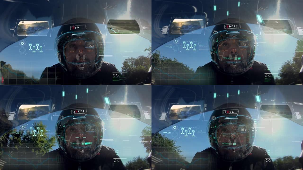 骑摩托车的人在日落时沿着道路骑着他的未来派摩托车，并带有增强现实全息图控件。