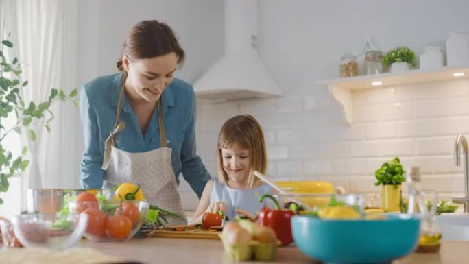 在厨房: 妈妈，可爱的小女儿一起烹饪健康的晚餐。母亲教小女孩健康的习惯，以及如何切蔬菜做沙拉。可爱的