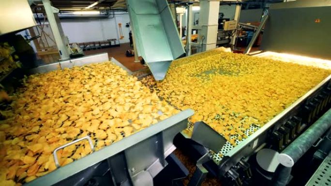 食品生产设施里装满薯片的大输送机。