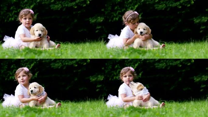 一个小女孩打扮成小舞者亲吻她的小朋友小狗金毛猎犬坐在草坪上，幸福。