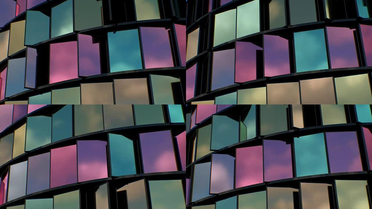 4k抽象架构背景抽象幕墙反射蓝天玻璃窗摩