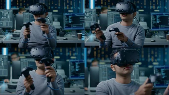 软件Delevoper佩戴虚拟现实耳机，并与控制器打手势，以开发和编程VR游戏和应用程序。在后台技术