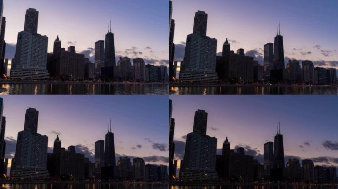 延时: 芝加哥城市景观办公室天际线摩天大楼，位于美国俄亥俄州街海滩，日落时分