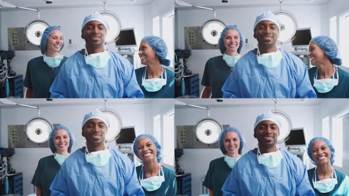 站在医院手术室的多元文化外科团队的肖像