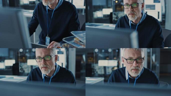 戴眼镜的中年工程师在个人电脑上工作。在后台高科技工程设施中。双手面对高射
